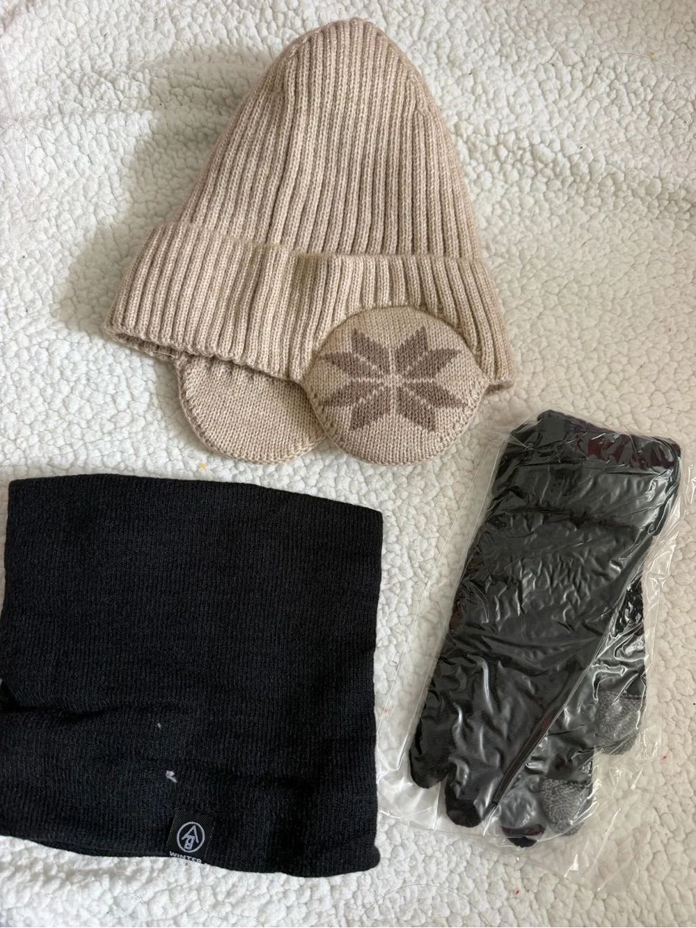 Kids Beige Knit Beanie with Patterned Ear Flaps